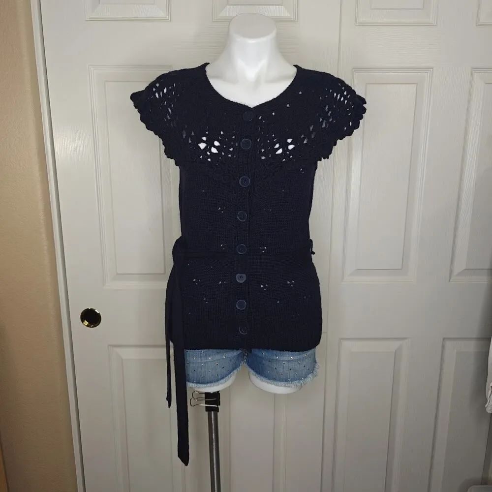 H&M wool blend hand knit crochet look tie waist sweater cardigan sz 12